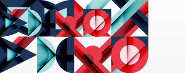 Soyut geometrik desen. Kırmızı, mavi, gök mavisi şekilleri kesişir ve dinamik görsel doku yaratır. Modern tasarım elemanları.