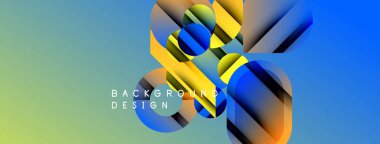 Soyut geometrik şekiller örtüşür, canlı bir gradyan arkaplan oluşturur. Mavi, sarı, yeşil renkler kompozisyona hakim. Modern tasarım ögesi.