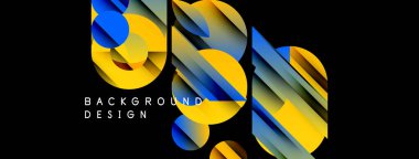 Soyut geometrik şekiller örtüşüyor, canlı renk eğimleri yaratıyor. Sarılar, maviler koyu arkaplana hükmediyor. Modern tasarım ögesi.