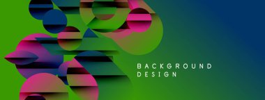 Soyut geometrik şekiller örtüşür, canlı bir gradyan arkaplan oluşturur. Mavi ve pembe aksanlı yeşil geçişler mevcut. Metin arkaplan tasarımı okur.