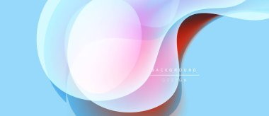 Soyut sıvı şekilleri örtüşür ve canlı renk değişimleri yaratır. Açık mavi arka plan dinamik bileşimi arttırır. Modern tasarım ögesi.