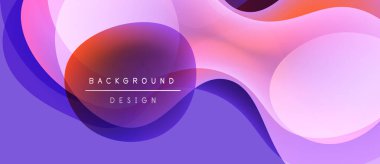 Soyut sıvı şekiller, canlı renklerin karışımı. Mor, pembe, turuncu renkler modern arka plan tasarımı yaratır. Düzen eğimleri kompozisyona hakim.