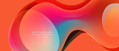 Soyut sıvı şekiller, canlı renklerin karışımı. Turuncu, pembe, mavi gradyanlar modern arka plan tasarımı yaratır. Yumuşak kıvrımlar hareketi gösterir.