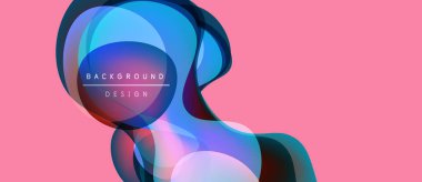 Soyut sıvı şekilleri örtüşür ve canlı renk değişimleri yaratır. Pembe arka plan, dinamik görsel kompozisyonu arttırır. Modern tasarım ögesi.