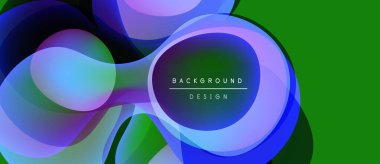 Soyut sıvı şekilleri örtüşür ve canlı renk değişimleri yaratır. Yeşil arkaplan mavi ve mor renkleri tamamlar. Modern tasarım ögesi.