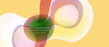 Soyut sıvı şekilleri örtüşür ve canlı renk değişimleri yaratır. Yumuşak sarı arkaplan tasarım elementlerini tamamlar. Modern, dinamik kompozisyon.