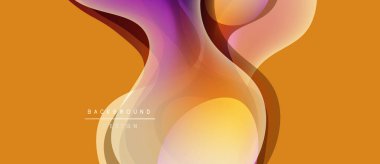 Soyut sıvı şekiller harmanlanır, ılık turuncu ve mor renkler yaratır. Modern tasarım hareketi, enerjiyi, görsel ilgiyi çağrıştırıyor. Arkaplanda metin ögeleri.