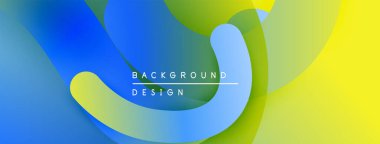 Soyut sıvı şekilleri, canlı maviler, yeşiller, sarılar dinamik bir zemin oluşturur. Modern tasarım elementleri çakışıyor, görsel ilgi sunuyor.