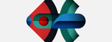 Soyut geometrik şekiller örtüşür, dinamik bileşim yaratır. Kırmızı, yeşil, mavi renkler tasarımda baskın. Minimalist stil.