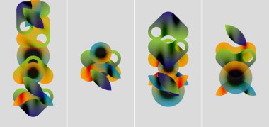 Dört panele ayrılmış soyut renkli şekiller. Renkler karışıp sıvı organik formlar oluşturuyor. Minimalist tasarım, modern estetik.