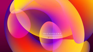 Soyut renkli şekiller örtüşüyor, canlı gradyanlar yaratıyor. Arkaplanda sıcak tonlar, mor aksanlar, siyah boşluk var. Modern tasarım ögesi.