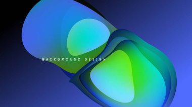 Soyut sıvı şekilleri örtüşür, parlak mavi, yeşil gradyanlar yaratır. Koyu arkaplan, akıcı tasarım elementlerini vurgular. Modern, dinamik kompozisyon.