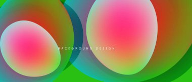 Soyut renkli çemberler çakışıyor. Canlı gradyanlar modern tasarım yaratır. Siyah arkaplan şekilleri vurgular, düzgün geçişleri görünür kılar.