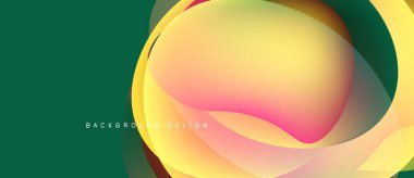 Soyut sıvı şekilleri örtüşür ve canlı renk değişimleri yaratır. Yeşil arka plan sarı ve turuncu renkleri tamamlıyor. Modern tasarım ögesi.