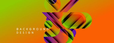 Canlı soyut tasarım katmanlı şekiller, gradyanlar içerir. Renkler yeşilden turuncuya karışıyor, mor aksanlar mevcut. Modern arkaplan ögesi.