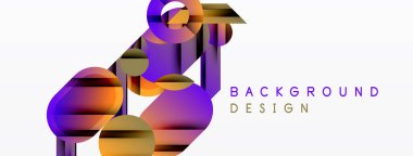 Soyut geometrik şekiller örtüşüyor, canlı renk eğimleri yaratıyor. Mor, turuncu, altın renkleri tasarımda baskın. Minimalist estetik.