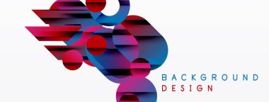 Soyut geometrik şekiller örtüşür, canlı renk bileşimi yaratır. Kırmızı, mavi, mor renkler tasarımda baskın. Modern estetik.