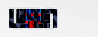 Soyut dijital sanat. Koyu mavi, kırmızılar kompozisyona hakim. Geometrik şekiller parçalanmış metin etkisi yaratır. Minimalist tasarım.