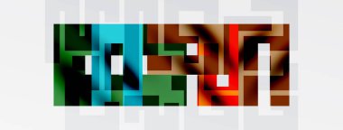 Pikselleştirilmiş soyut tasarım. Dikdörtgen bloklar belirgin olmayan şekiller, renk karışımı oluşturur. Beyaz arka plan karşıtlık sağlar. Minimalist estetik.