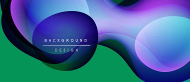 Soyut sıvı şekilleri örtüşür ve canlı renk değişimleri yaratır. Yeşil alt kısım, mor ve mavi renklerle çelişiyor. Metin arkaplan tasarımı okur.