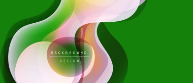 Soyut sıvı şekilleri örtüşür ve canlı renk değişimleri yaratır. Yeşil arkaplan karşıtlık sağlar. Modern tasarım ögesi.