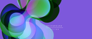 Soyut sıvı şekilleri örtüşür ve canlı renk değişimleri yaratır. Mor arka plan yeşil, mavi renkleri tamamlar. Modern tasarım ögesi.