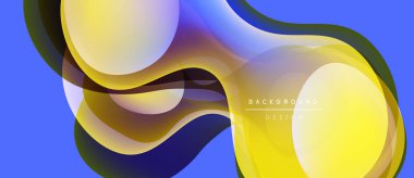 Abstract fluid shapes overlap, creating vibrant color gradients. Blue background enhances dynamic composition. Modern design element.