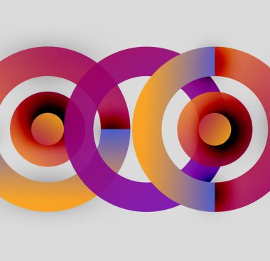 Soyut renkli çemberler çakışıyor ve canlı bir görsel etki yaratıyor. Gradyan tonları düzgün bir şekilde harmanlanarak modern tasarımı oluşturur..
