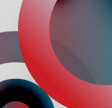 Soyut kompozisyon. Üst üste binen daireler, gradyanlar, kırmızı, gri, siyah, beyaz. Minimalist tasarım, pürüzsüz geçişler, modern estetik.