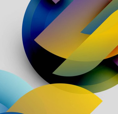 Soyut şekiller örtüşüyor, canlı renk değişimleri yaratıyor. Mavi, sarı, yeşil renkler kompozisyona hakim. Minimalist tasarım, modern estetik.
