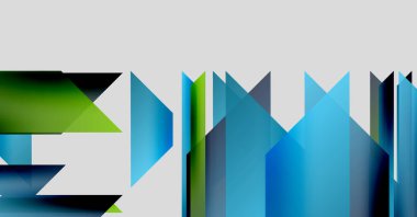 Soyut geometrik şekiller, canlı maviler, yeşiller baskın gelir. Modern tasarım, katmanlı üçgenler dinamik görsel efekt yaratır. Minimalist kompozisyon.