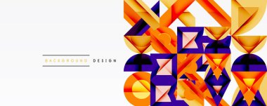 Soyut geometrik şekiller, turuncu, mor, sarı renkler. Arka planlar, afişler, sunumlar için modern tasarım unsuru. Temiz, canlı kompozisyon.