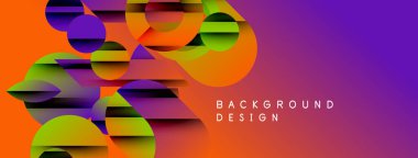 Soyut geometrik şekiller canlı renkleri harmanlarlar. Turuncu, mor, yeşil dinamik arkaplan tasarımı yaratır. Modern estetik, katmanlı formlar.