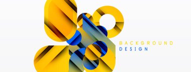 Soyut geometrik şekiller örtüşür, dinamik görsel efekt yaratır. Sarı, mavi renkler kompozisyona hakim. Temiz beyaz arkaplan karşıtlık sağlar.