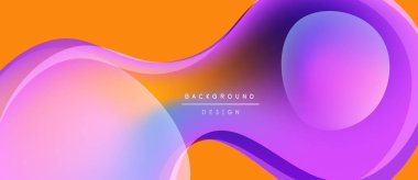 Soyut sıvı şekilleri canlı renkleri harmanlar. Turuncu arka plan mor ve pembe renkleri tamamlar. Arka planlar için modern tasarım ögesi.