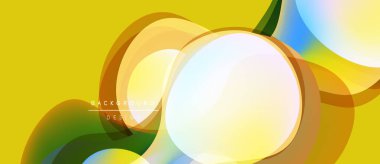 Soyut, canlı çemberler sarı arkaplan ile örtüşüyor. Gradyan renkler dinamik görsel efekt yaratır. Arka planlar için modern tasarım ögesi.