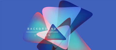 Soyut geometrik şekiller örtüşüyor, canlı renk eğimleri yaratıyor. Mavi arkaplan görsel derinliği, modern tasarım estetiği arttırır.