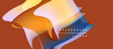 Soyut sıvı şekilleri örtüşür ve canlı renk değişimleri yaratır. Turuncu, mavi, sarı renkler tasarımda baskın. Metin arkaplan tasarımı okur.