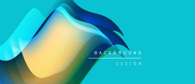 Soyut sıvı şekilleri örtüşür, parlak mavi ve sarı renkler yaratır. Metin, arkaplan tasarımını basit yazı tipiyle okur. Modern estetik.