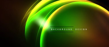 Soyut enerjik tasarım neon kıvrımları akıtmaktadır. Yeşil, sarı, turuncu renkler koyu arkaplanda harmanlanır. Modern, dinamik görsel.