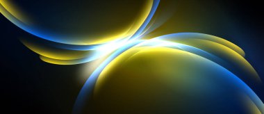 Soyut şekiller, canlı renkler, akan çizgiler dinamik görsel deneyimler yaratır. Sarı, mavi renkler koyu arkaplana hakim..