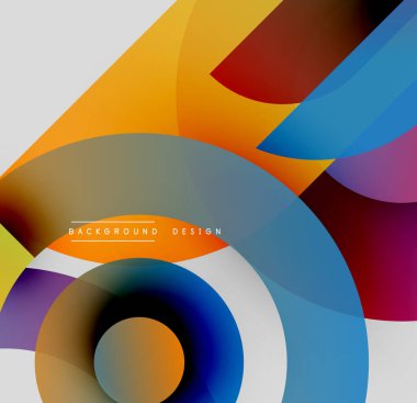 Soyut renkli tasarım. Üst üste binen daireler, kıvrımlar dinamik görsel efekt yaratır. Çeşitli projeler için modern arkaplan.