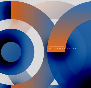 Soyut çemberler çakışıyor, canlı gradyanlar yaratıyor. Modern tasarım turuncu, mavi, beyaz, siyah renklere sahiptir. Minimalist kompozisyon.