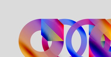 Soyut renkli daireler çakışıyor, dinamik görsel efekt yaratıyor. Gradyan renkler harmanlanarak modern kompozisyonu oluşturur. Minimalist tasarım.