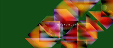 Soyut geometrik şekiller örtüşüyor, canlı renk eğimleri yaratıyor. Yeşil arkaplan karşıtlık sağlar. Modern tasarım ögesi.