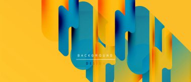 Soyut geometrik şekiller örtüşüyor, canlı renk eğimleri yaratıyor. Sarı arka plan mavi, turuncu renkleri tamamlıyor. Metin arkaplan tasarımı okur.