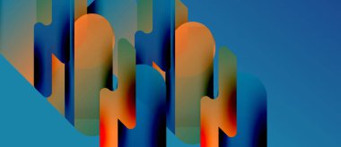 Soyut geometrik şekiller örtüşür, canlı renk karışımları yaratır. Mavi, turuncu, kırmızı renkler kompozisyona hakim. Modern dijital sanat.