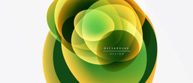 Soyut çiçek tasarımı. Üst üste binen daireler parlak yeşil, sarı gradyanlar yaratıyor. Dijital projeler için modern arkaplan ögesi.