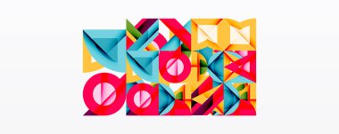 Soyut geometrik şekiller, canlı renkler, modern tasarım. Bileşik özellikler üst üste binerek, dinamik görsel doku oluşturur.