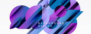Soyut geometrik tasarım canlı mor, mavi gradyanlar içerir. Çemberler açılı çizgilerle örtüşüyor ve dinamik görsel efekt oluşturuyor. Modern arkaplan dokusu.
